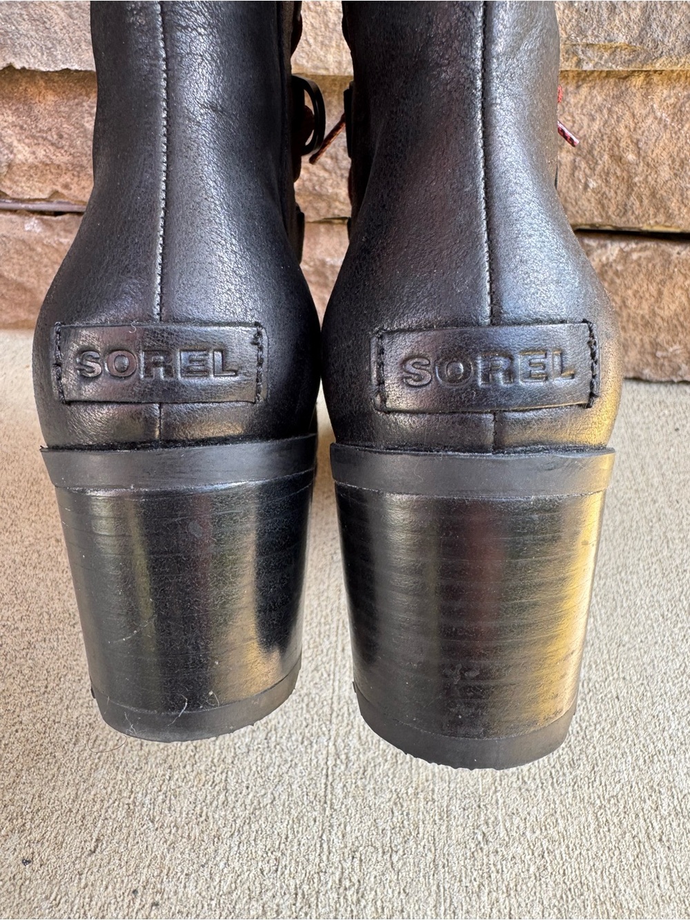 Sorel Cate Lace Ankle Block Heel Boots Black Leather Lace-Up Utility Moto Gorp - Picture 8 of 11
